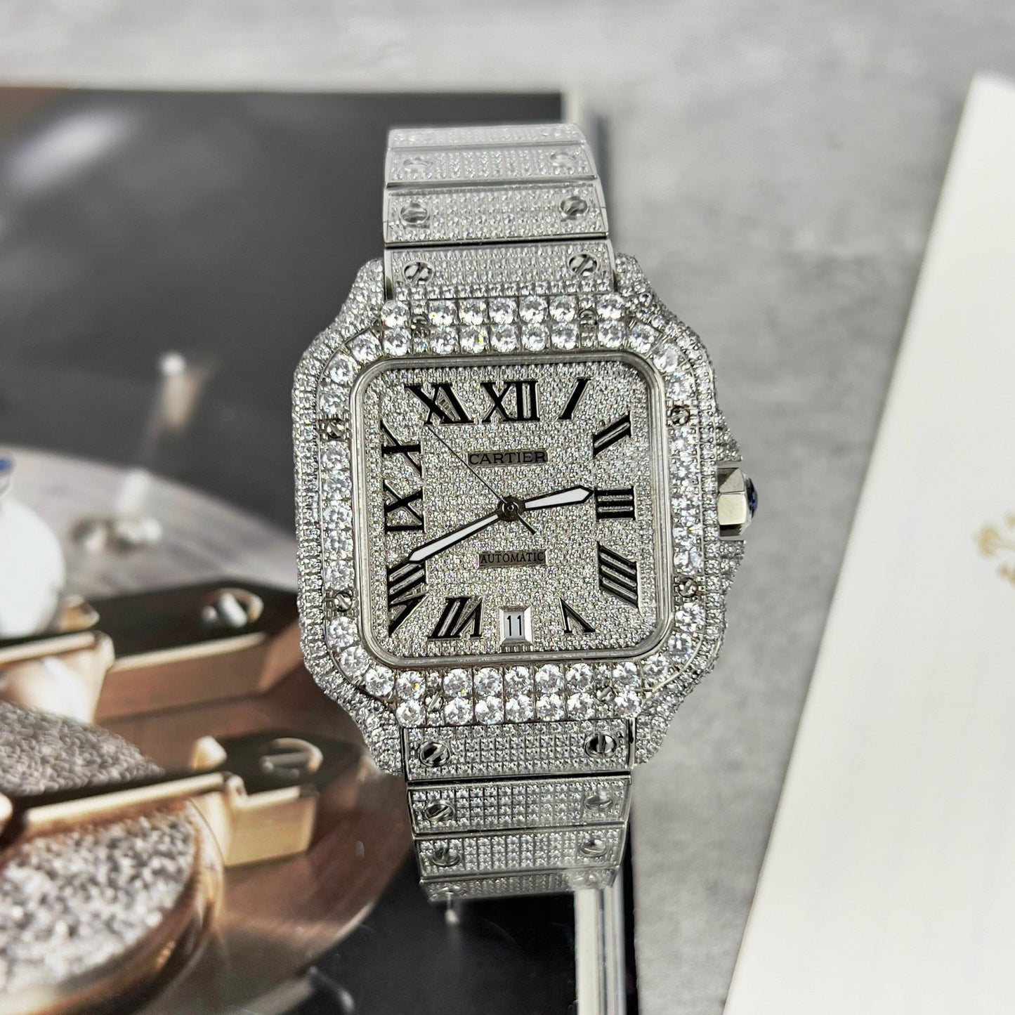 Santos De Cartier 40mm Steel – Custom Pavé Swarovski Stone
