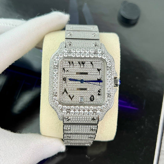 Santos De Cartier 40 mm em aço – mostrador árabe em pedra Swarovski com pavé personalizado