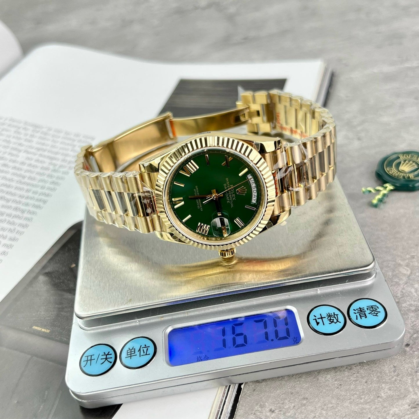 Rolex Day Date M228238-0061 Melhor 1:1 Edizione GM Fabbrica V2 quadrante verde Amarelo Oro