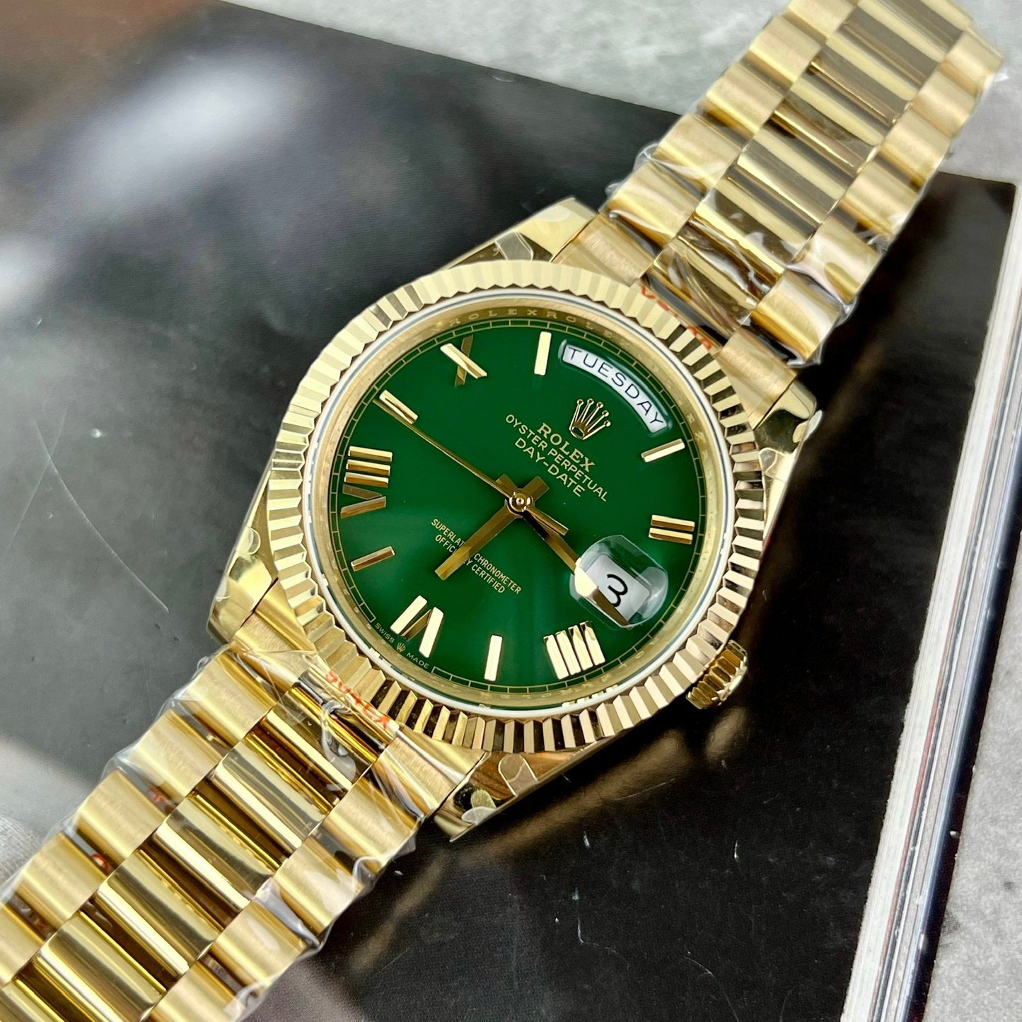 Rolex Day Date M228238-0061 Melhor 1:1 Edizione GM Fabbrica V2 quadrante verde Amarelo Oro