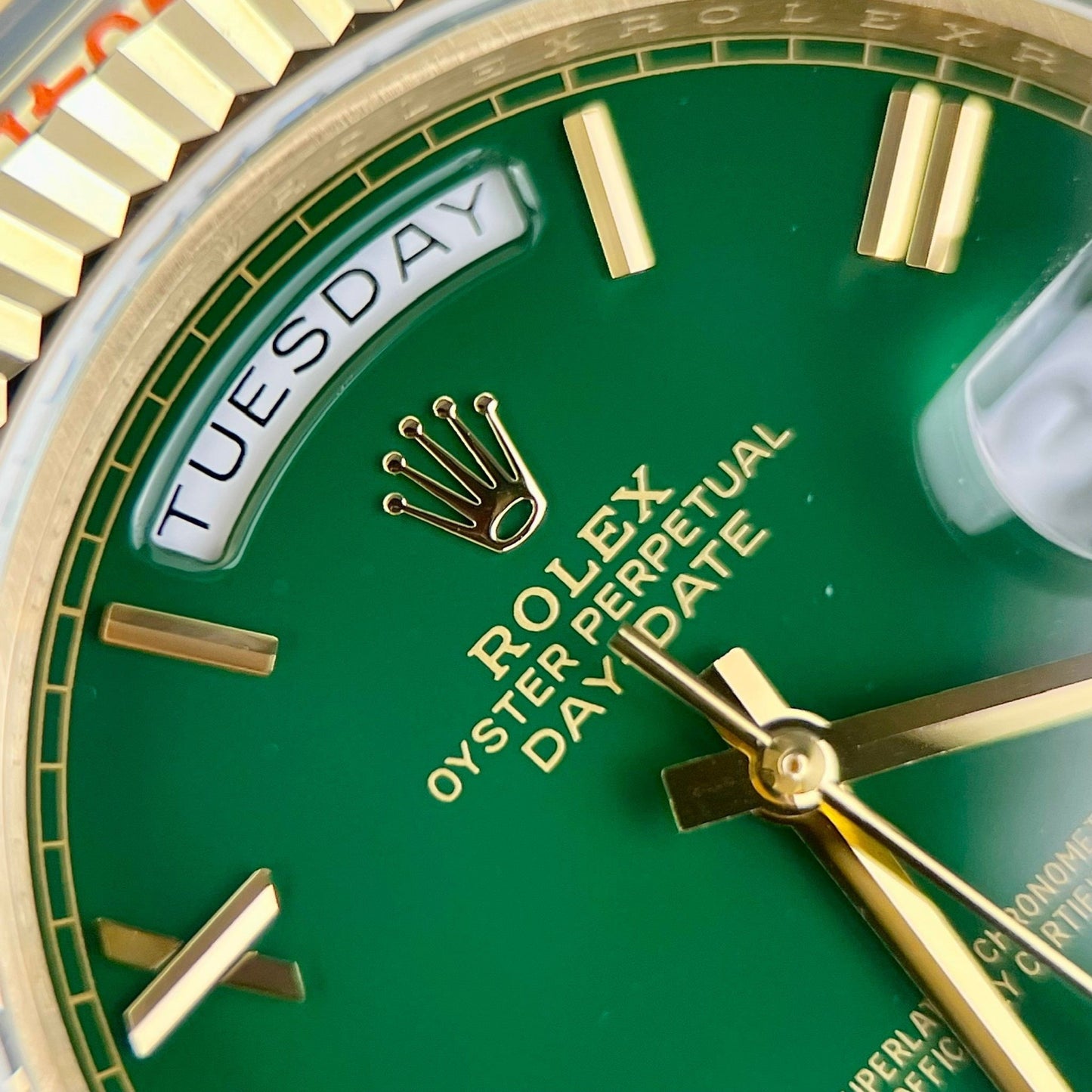 Rolex Day Date M228238-0061 Melhor 1:1 Edizione GM Fabbrica V2 quadrante verde Amarelo Oro