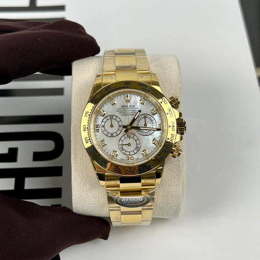 replica Rolex Cosmograph Daytona 40mm Yellow Oro Mother of Pearl Diamond quadrante 116528