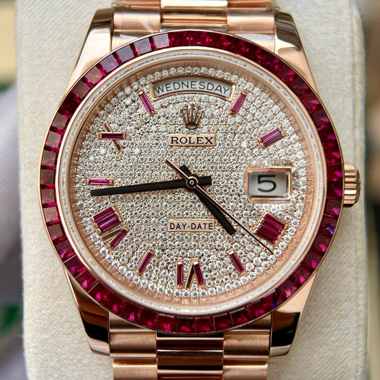 Rolex Day Date 228398 DRRP 1:1 edizione migliore Custom Rosa Oro 18k and ruby saphire Diamond Pave