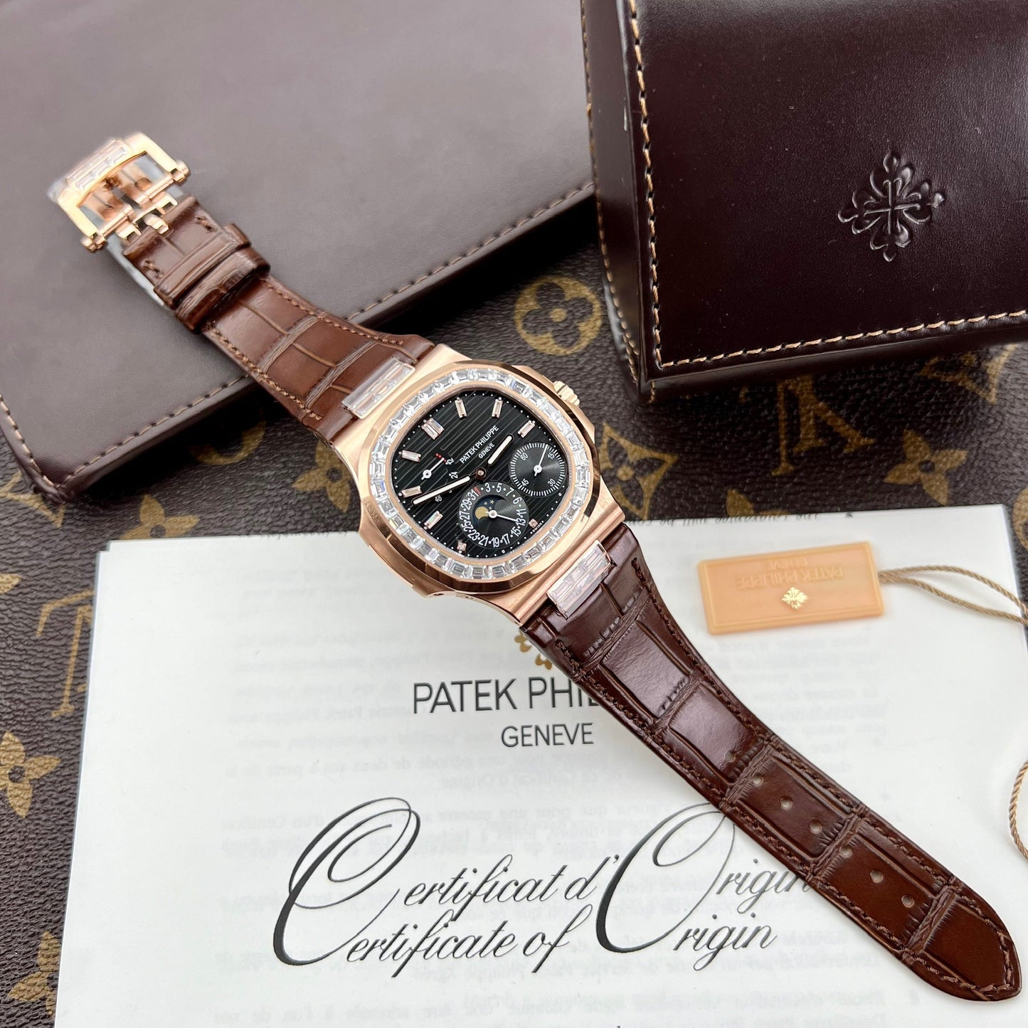 Patek Philippe Nautilus 5724R-001 GR Fabbrica 1:1 edizione migliore quadrante nero Rosa Oro e pedra
