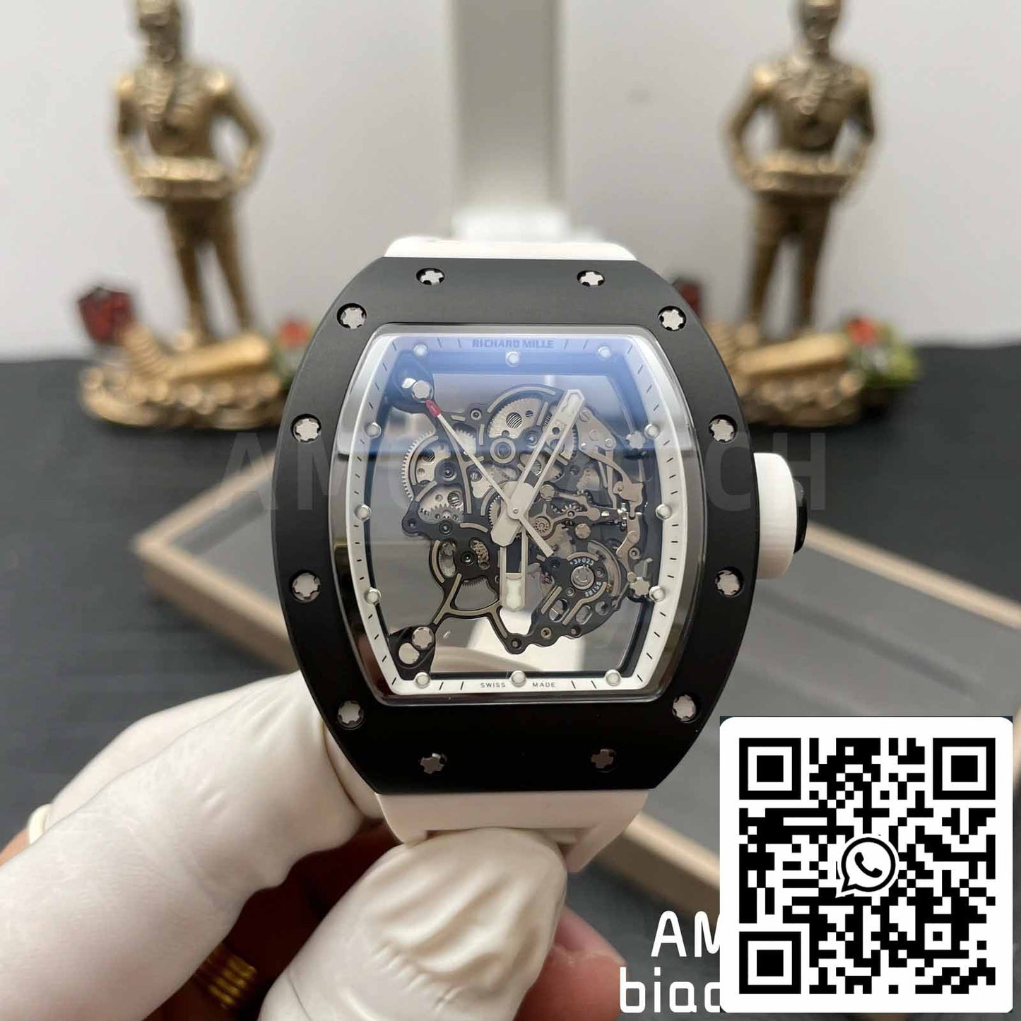 BBR Fabbrica [V3] RICHARD MILLE  RM055 RM-055 Nero ceramica Cassa Bianco Gomma cinturino