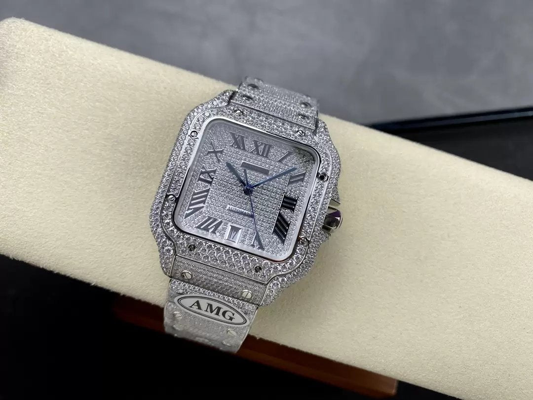 Santos De Cartier Diamond Numeric quadrante argento  1:1 edizione migliore AMG Fabbrica Swarovski Stone
