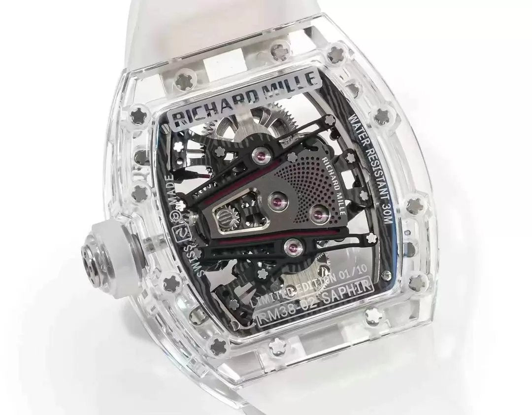 Richard Mille RM38-02 Tourbillon movimento 1:1 Best Edition RM Fabbrica Transparent case Rubber cinturino