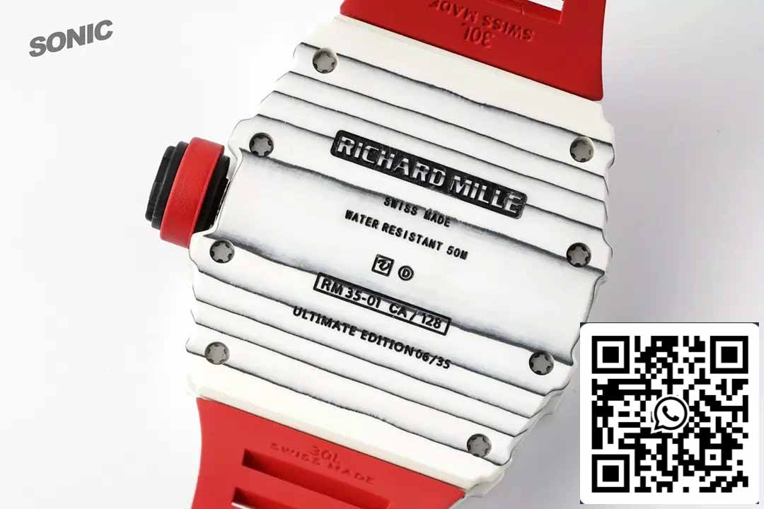 Richard Mille RM35-01 Sonic Fabbrica 1:1 Best Edition White Carbon NTPT Red Rubber cinturino