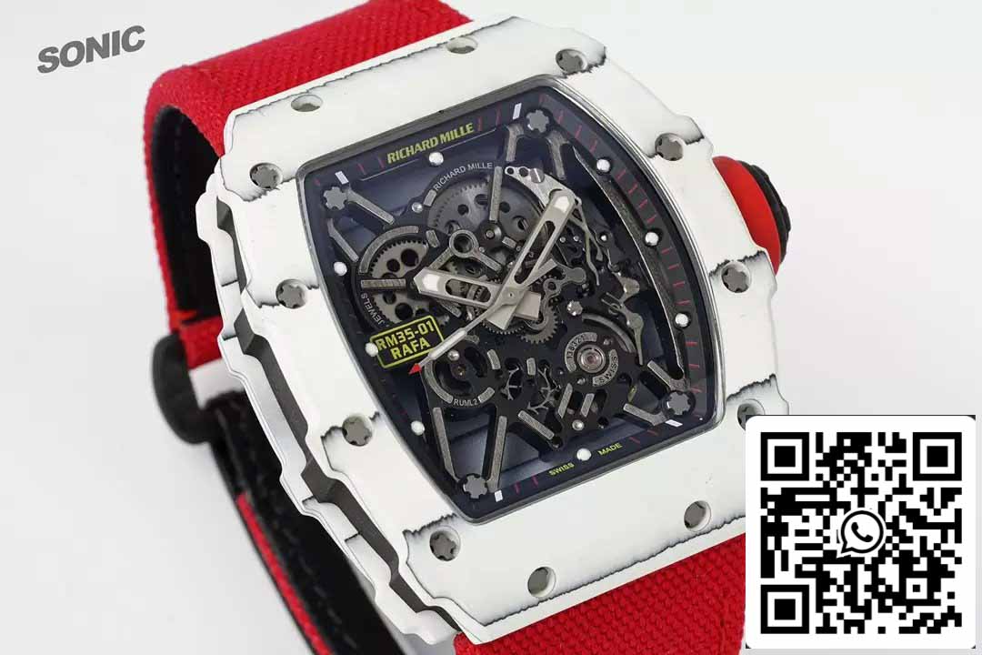 Richard Mille RM35-01 Sonic Fabbrica 1:1 Best Edition White Carbon NTPT Red Velcro cinturino