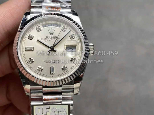 Rolex Day Date 128239 QF Fabbrica 1:1 Best Clone Silver Diamond Dial