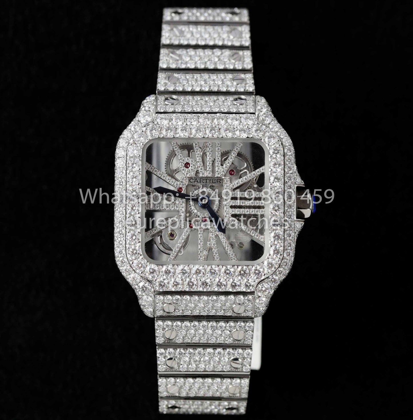 Relógio Santos De Cartier Skeleton Moissanite Iced Out com mostrador quadrado 1:1 Melhor clone