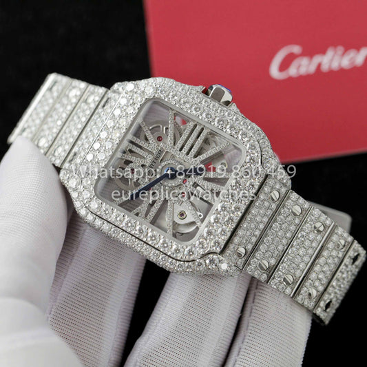 Relógio Santos De Cartier Skeleton Moissanite Iced Out com mostrador quadrado 1:1 Melhor clone