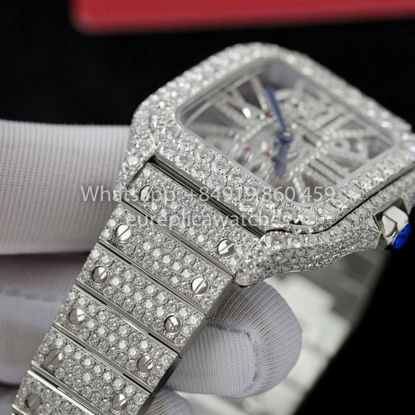 Relógio Santos De Cartier Skeleton Moissanite Iced Out com mostrador quadrado 1:1 Melhor clone
