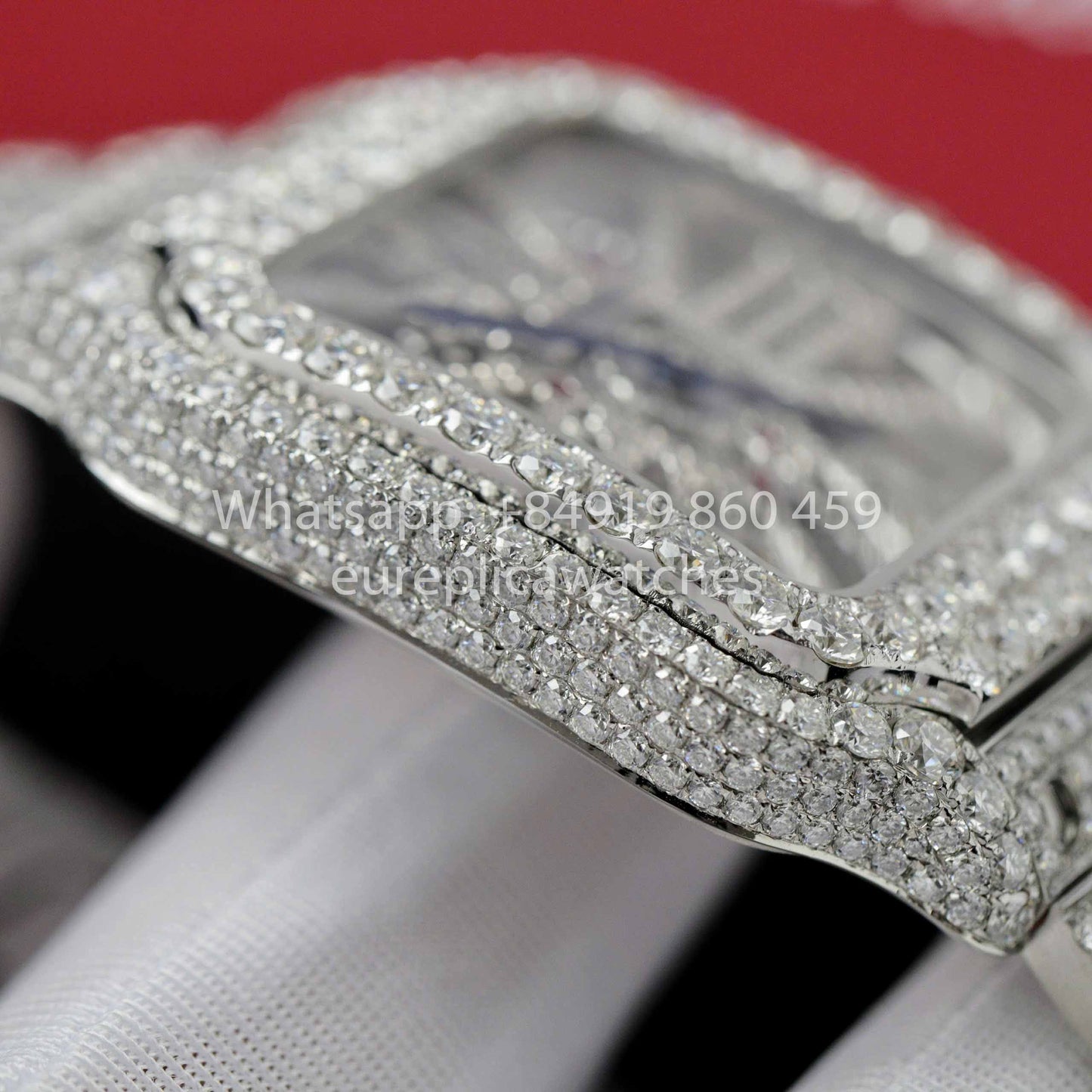 Relógio Santos De Cartier Skeleton Moissanite Iced Out com mostrador quadrado 1:1 Melhor clone