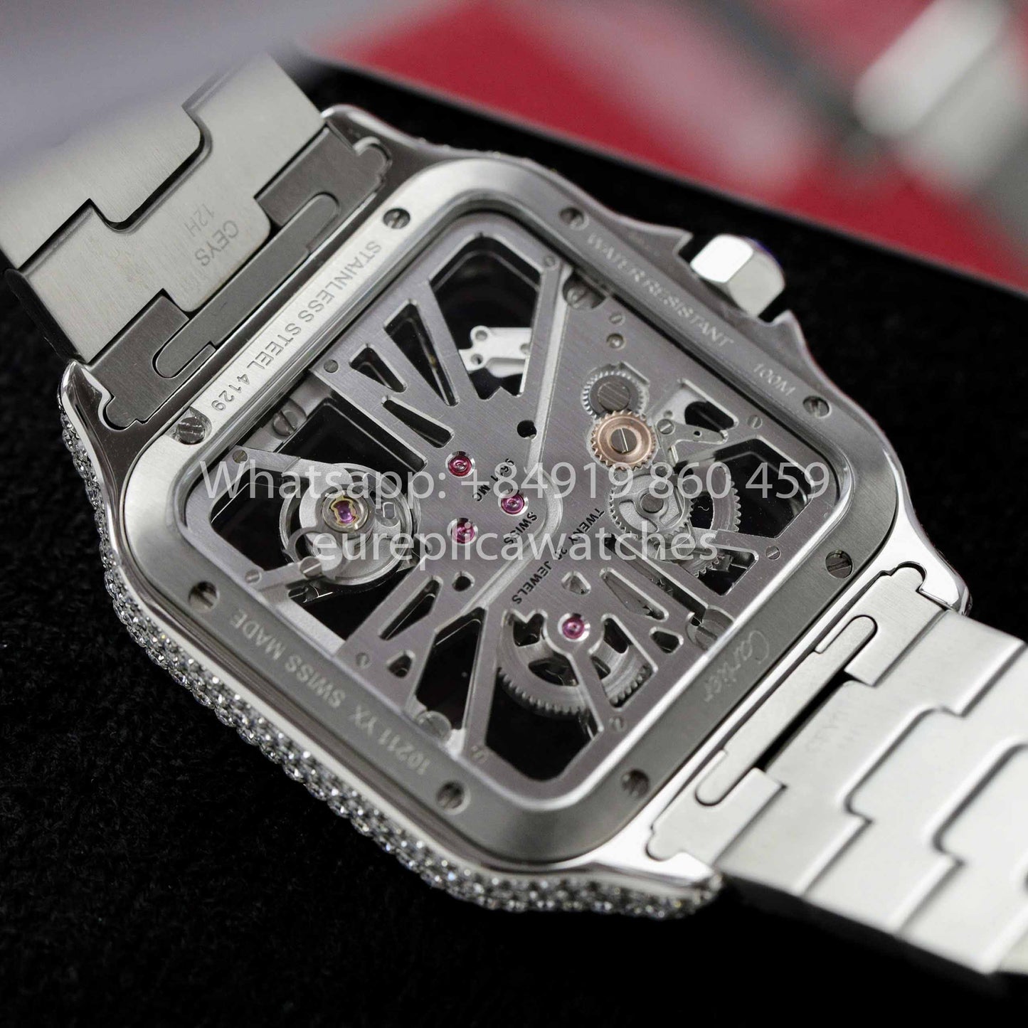Relógio Santos De Cartier Skeleton Moissanite Iced Out com mostrador quadrado 1:1 Melhor clone
