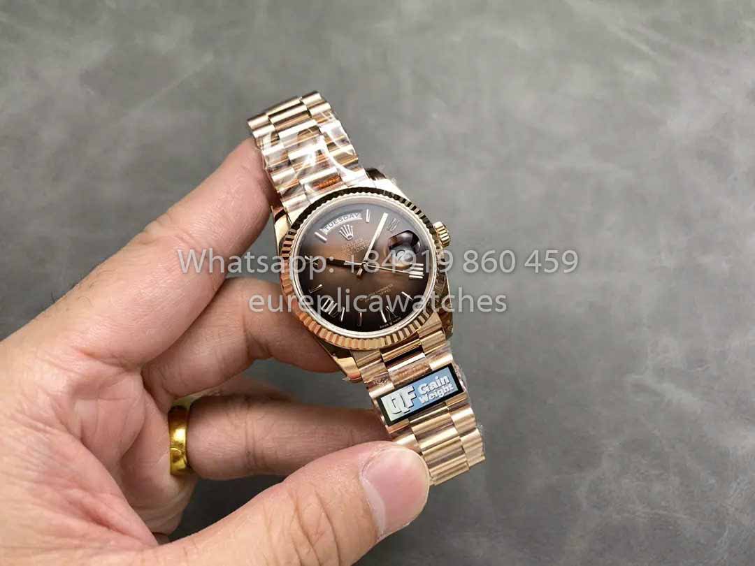 Rolex Day Date M128235-0075 Numeral Dial QF Fabbrica 1:1 Best Clone Chocolate Dial Rose Gold